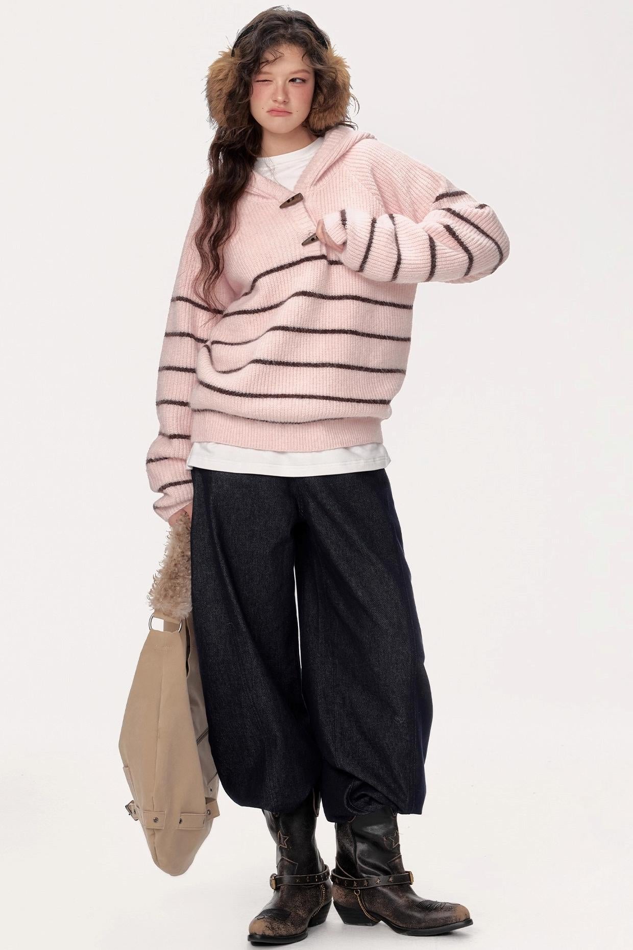 Hooded Striped Knit Sweater