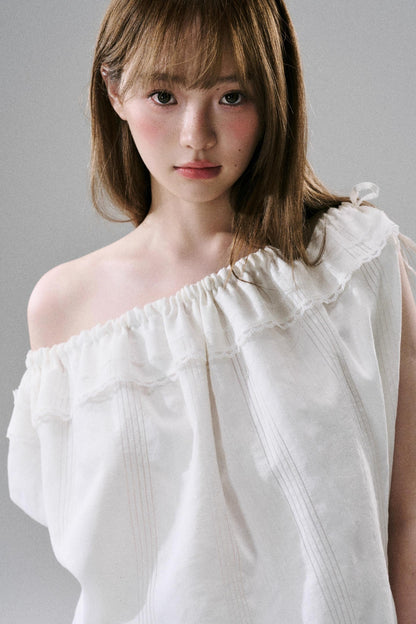 Beaded One-Shoulder Linen Top