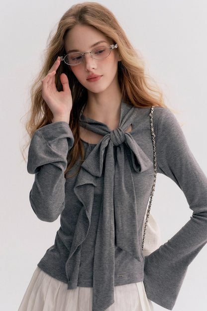 Romantic French Streamer Bow V-Neck Slim T-Shirt