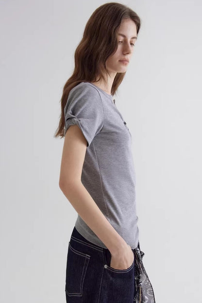 Gray V-Neck Waist-Cinching Top