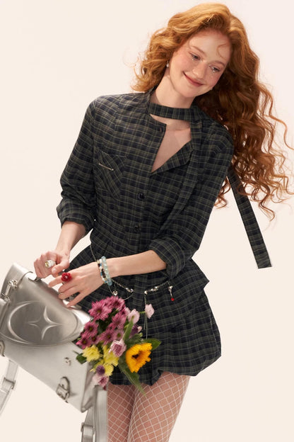 Plaid Lace-Up Blouse Set-Up