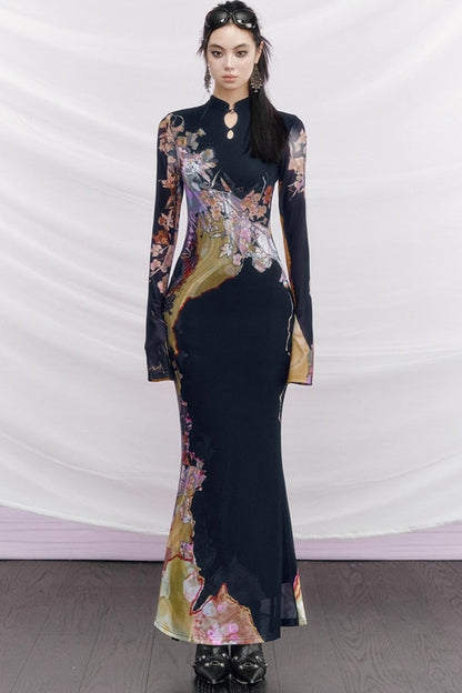 Contrast Color Cheongsam Dress