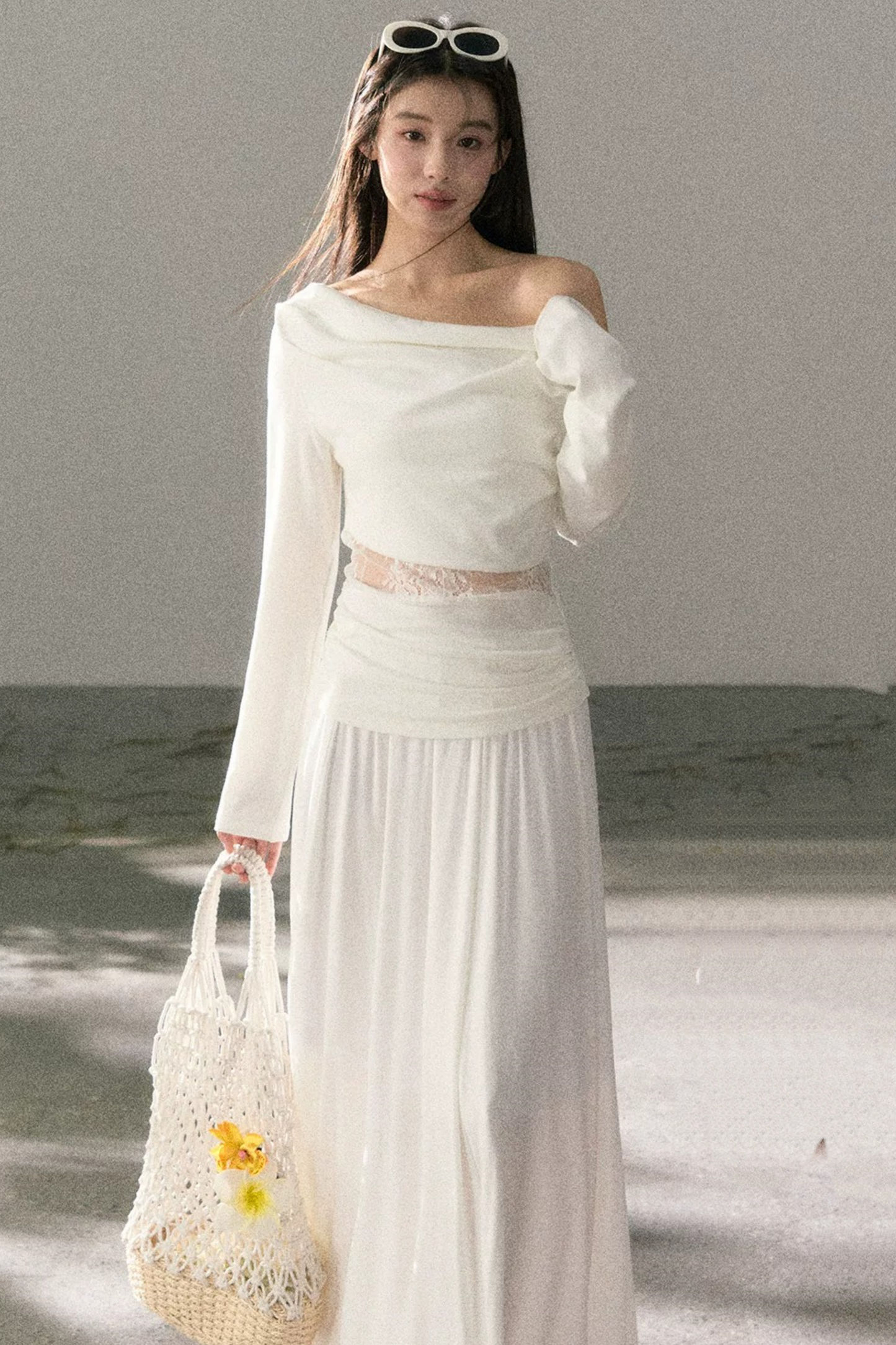 White Lace Cutout Draped Top Set-Up