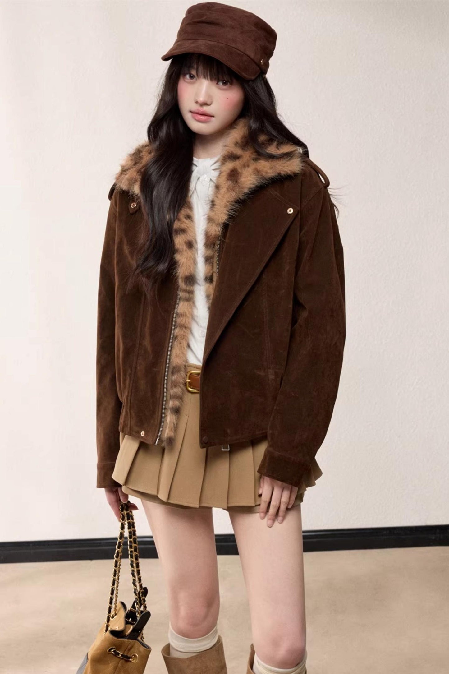 Leopard Print Fur Collar Jacket