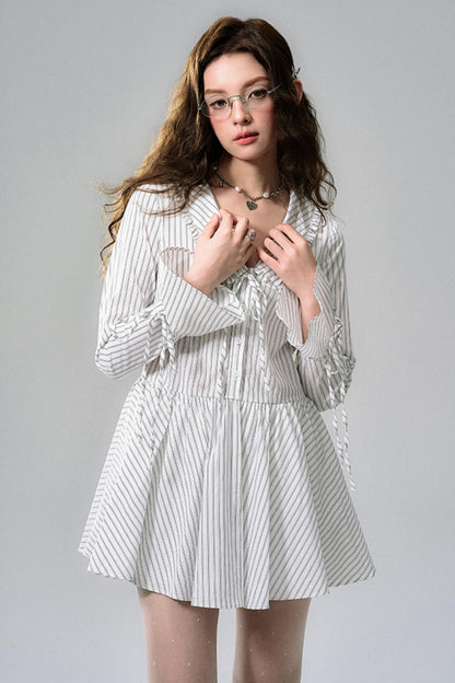 Striped Lace Bow Tie Long Sleeve Dress