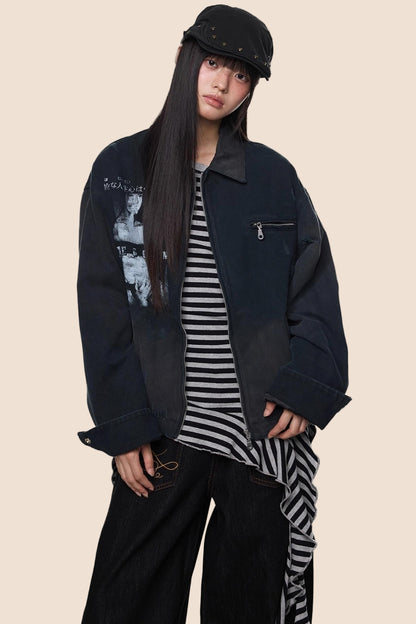 American Fall Distressed Vintage Zip Jacket