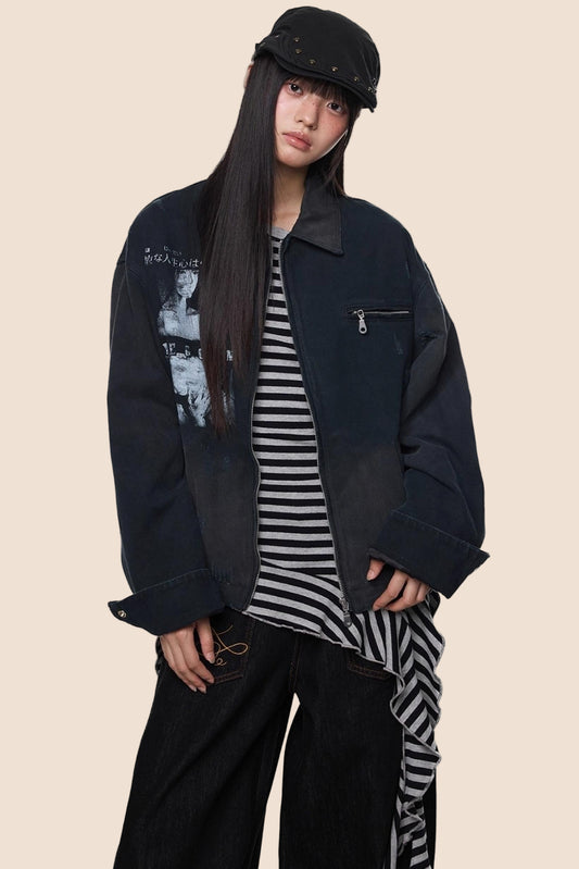 American Fall Distressed Vintage Zip Jacket