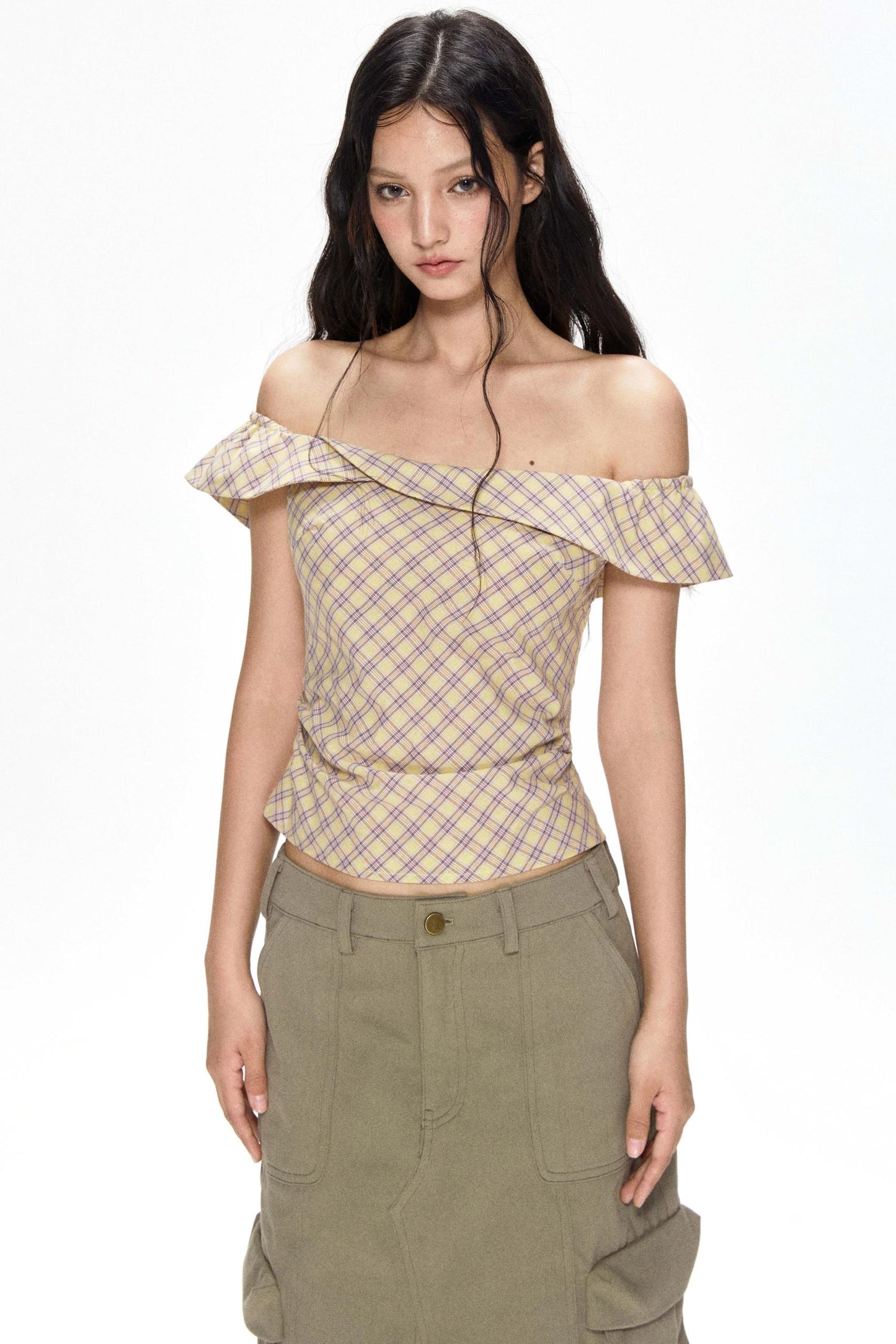One-Shoulder Yellow Plaid Blouse