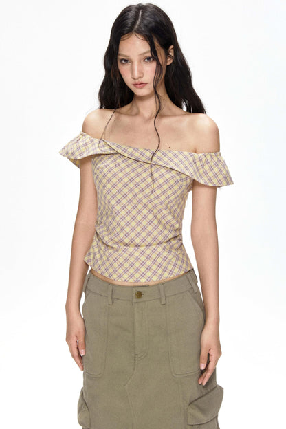 One-Shoulder Yellow Plaid Blouse