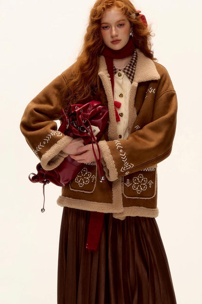 Embroidered Shearling Wool Jacket Set-Up