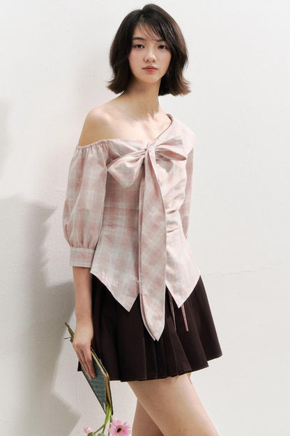 Plaid Bow One-Shoulder Waist Shirt