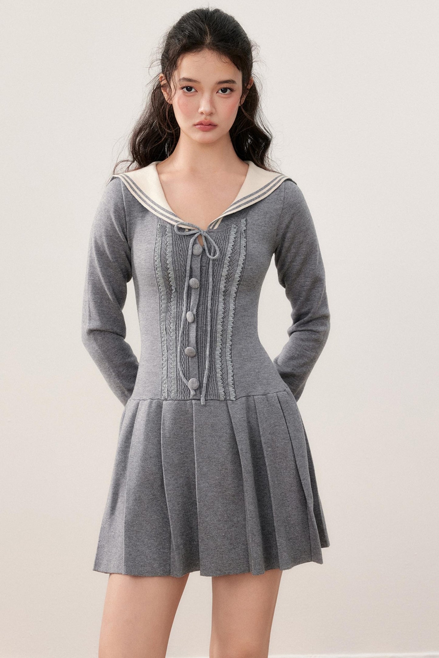 Navy Collar Sailor Sweet Lace Pleated Dress