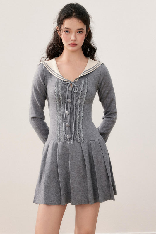 Navy Collar Sailor Sweet Lace Pleated Dress