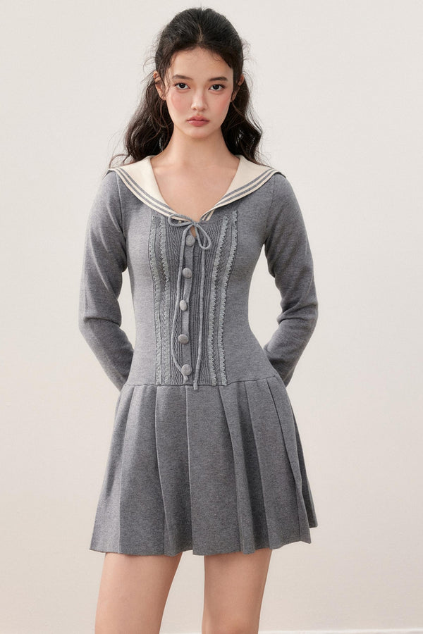 Navy Collar Sailor Sweet Lace Pleated Dress