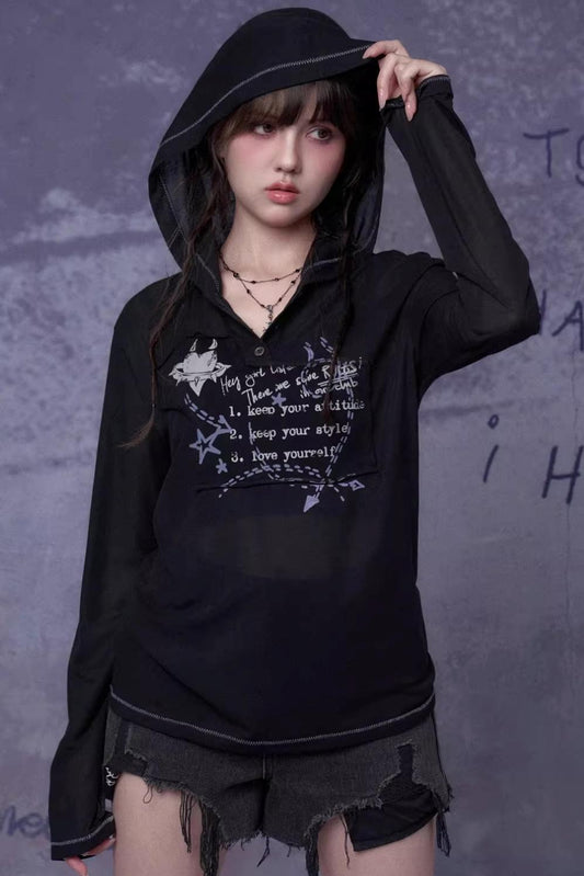 Mesh Graffiti Print Hooded Top Matching Set