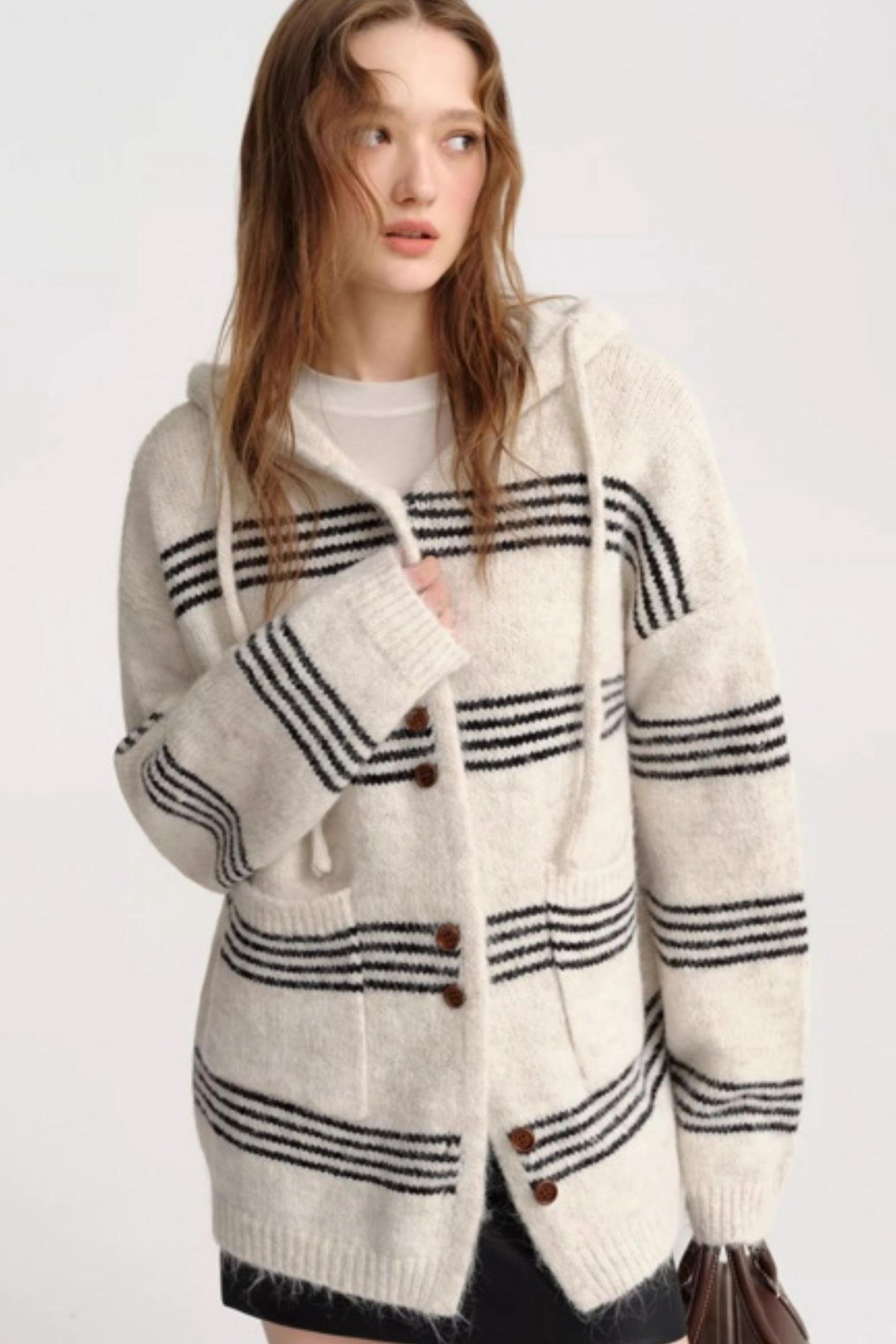 Striped Wool Hooded Knit Cardigan
