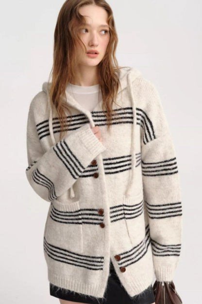 Striped Wool Hooded Knit Cardigan