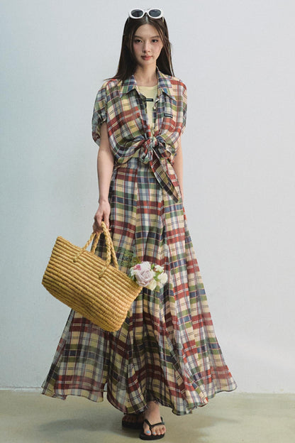 Plaid Tie Top & Midi Skirt Set-Up