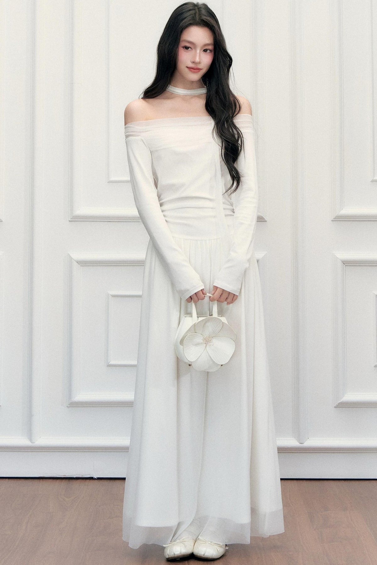 Off-Shoulder Lily Mesh Patchwork Long Dress
