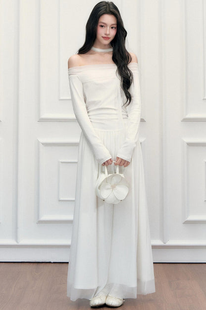 Off-Shoulder Lily Mesh Patchwork Long Dress