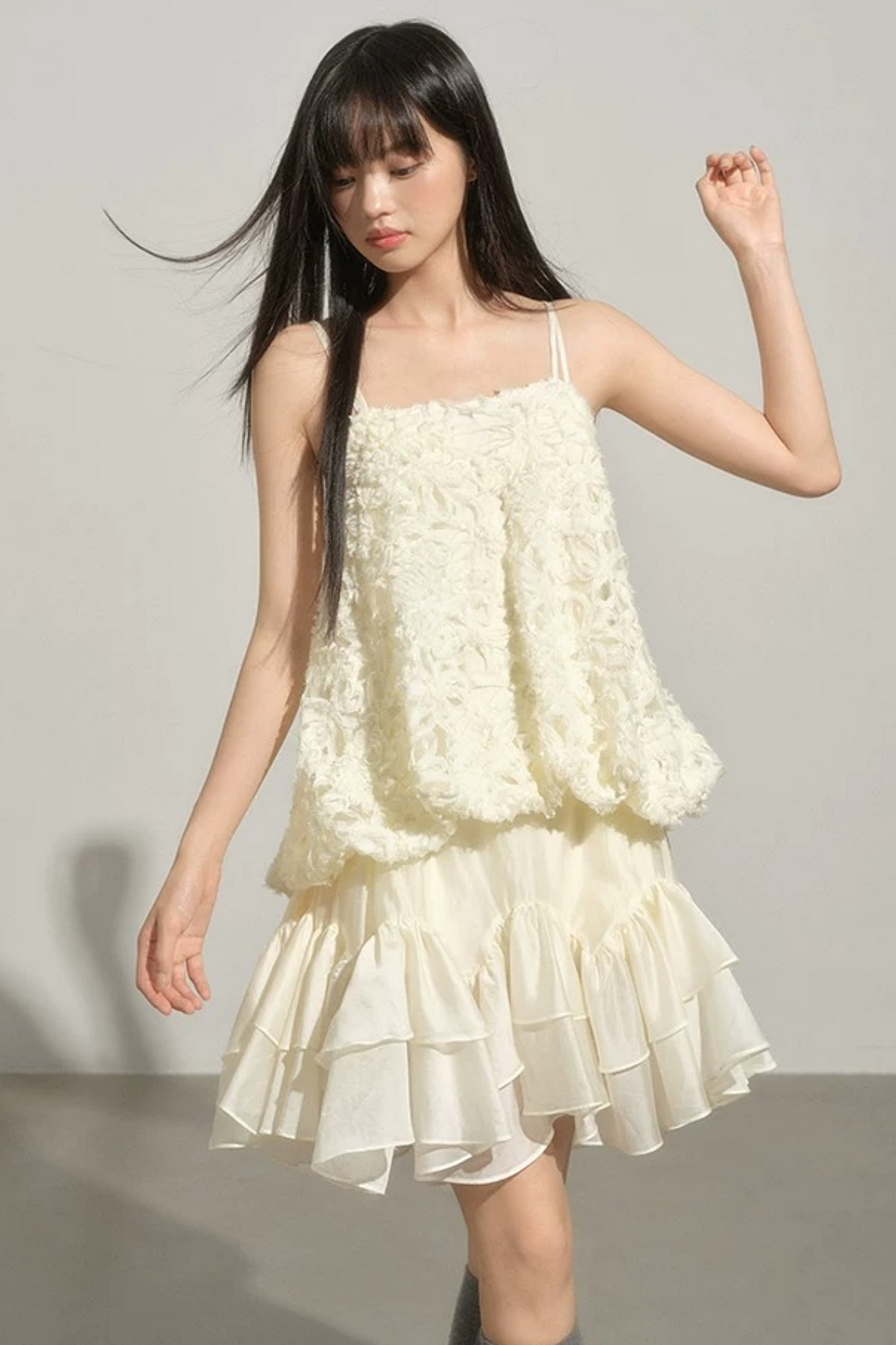 Layered Milk-White Floral Dress Set