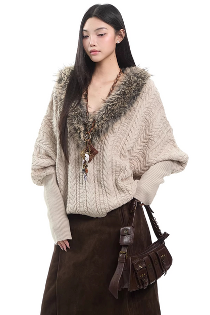 V-Neck Cable Knit Fur Collar Sweater
