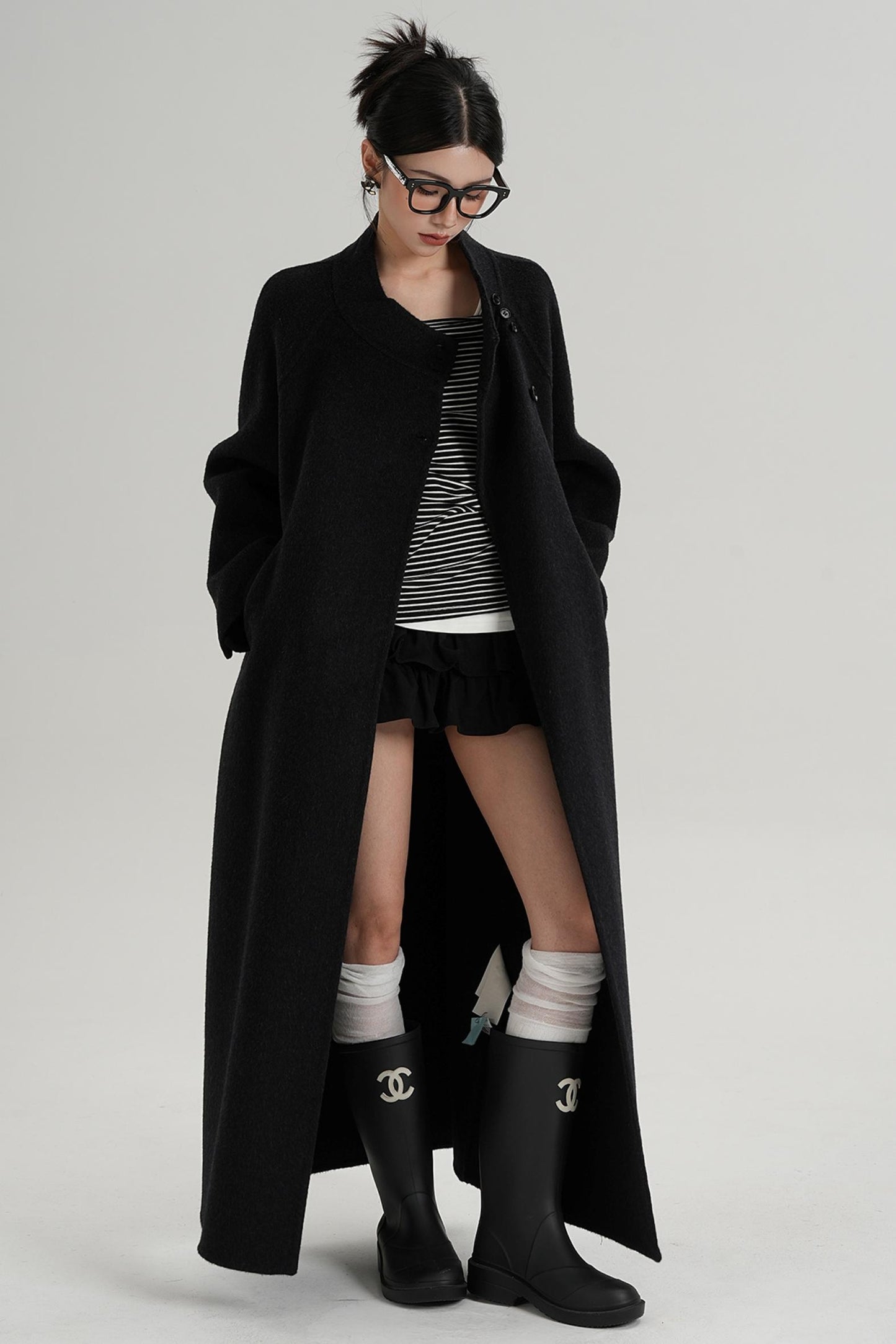 Diagonal Collar Woolen Long Coat