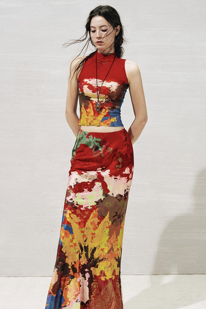 Artistic Contrast Vest Skirt Set