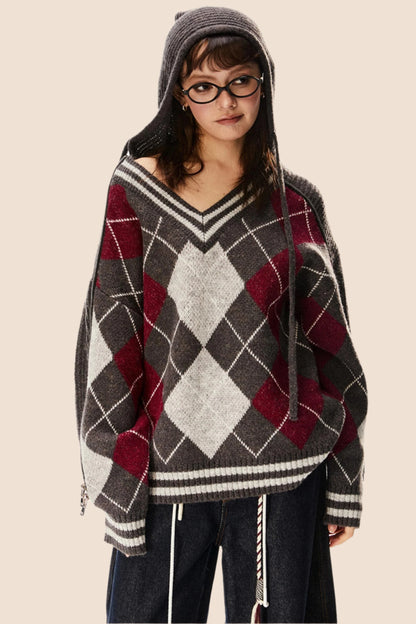 Quilted Retro Knit V-Neck Sweater