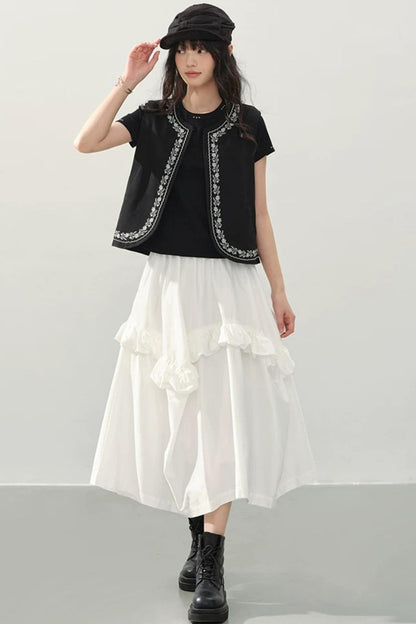 White High Waist Ruffle Midi Skirt