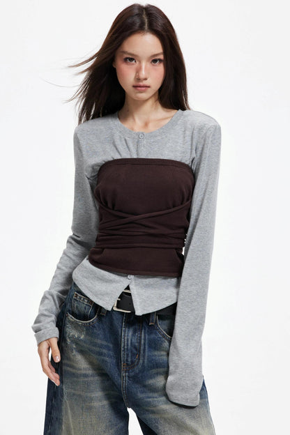 Woolen Layered Slim Knit Strap Bandeau Suit