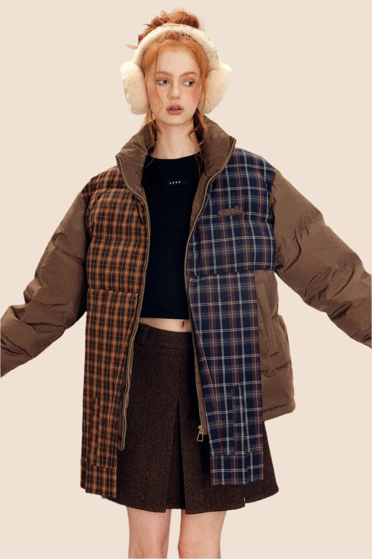 EZEK American retro unregelmäßige karierte Nähte Kontrast Baumwolle Kleidung Baumwolle Kleidung Frauen verdickt Brot Kleidung Baumwolle Jacke Jacke