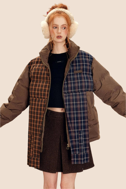 EZEK American retro irregular plaid stitching contrast cotton clothes cotton clothes women's thickened bread clothes cotton jacket jacket