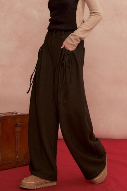 Pleated Bow Woolen Pants