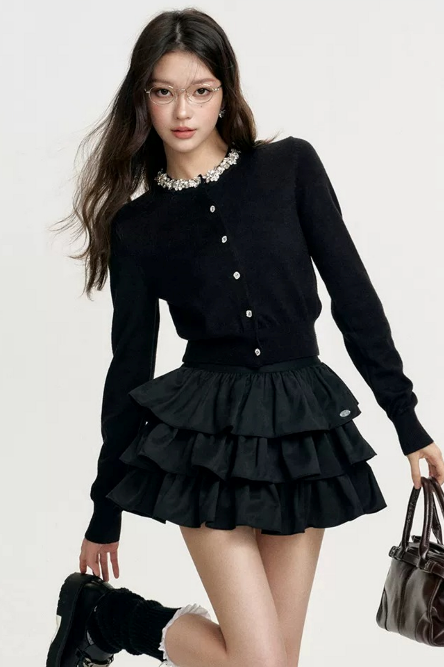 Diamond Knit Cardigan Suede Skirt Set-Up