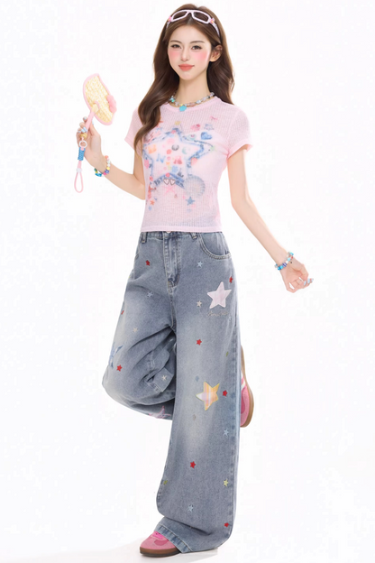 Star-Patterned Vintage Denim Pants