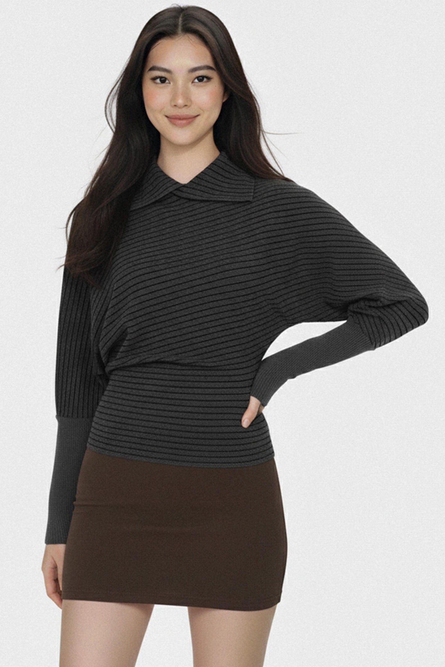 Dark Gray Striped Pleated Top