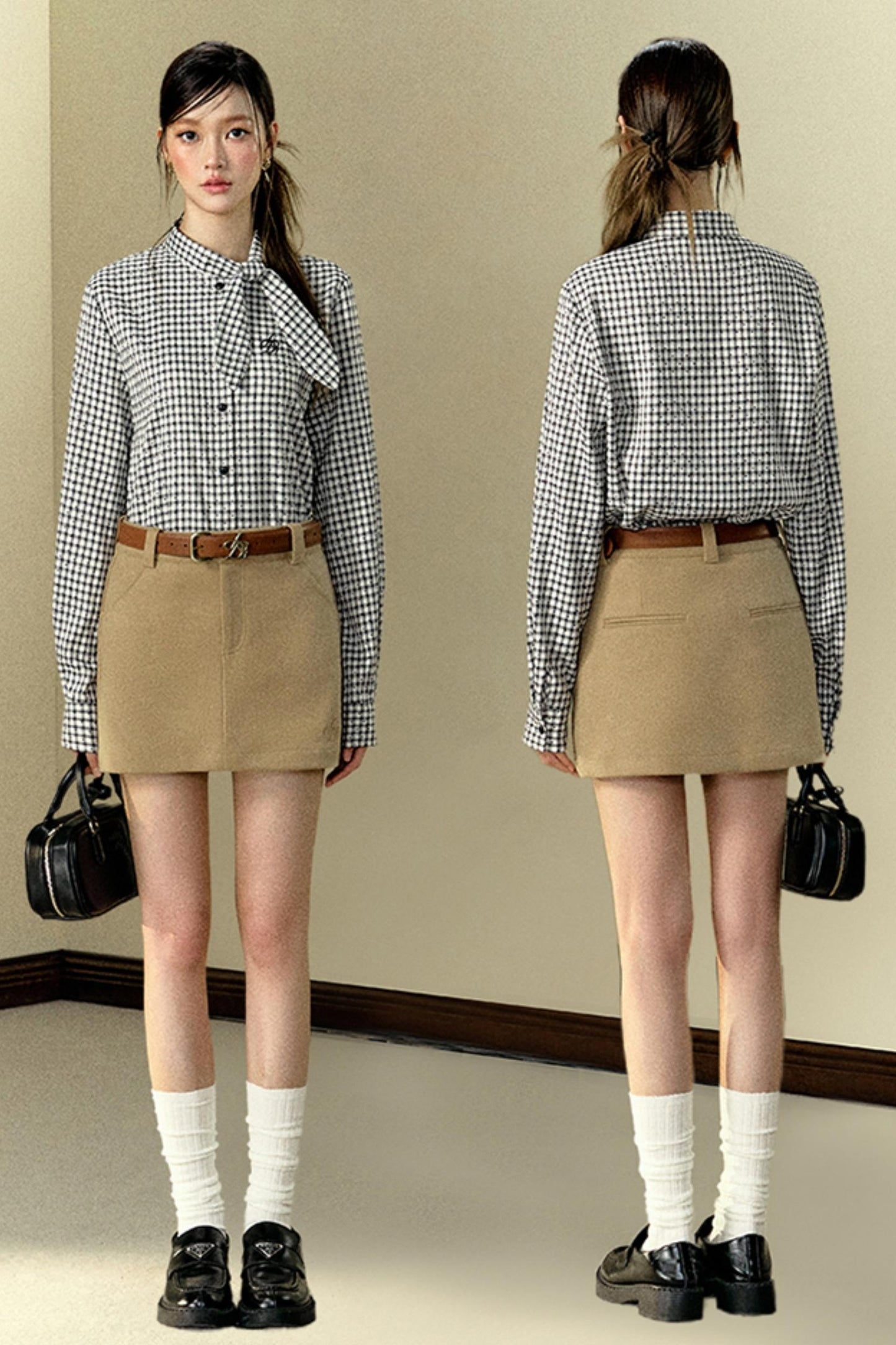 Loose Fit Bow Tie Check Shirt