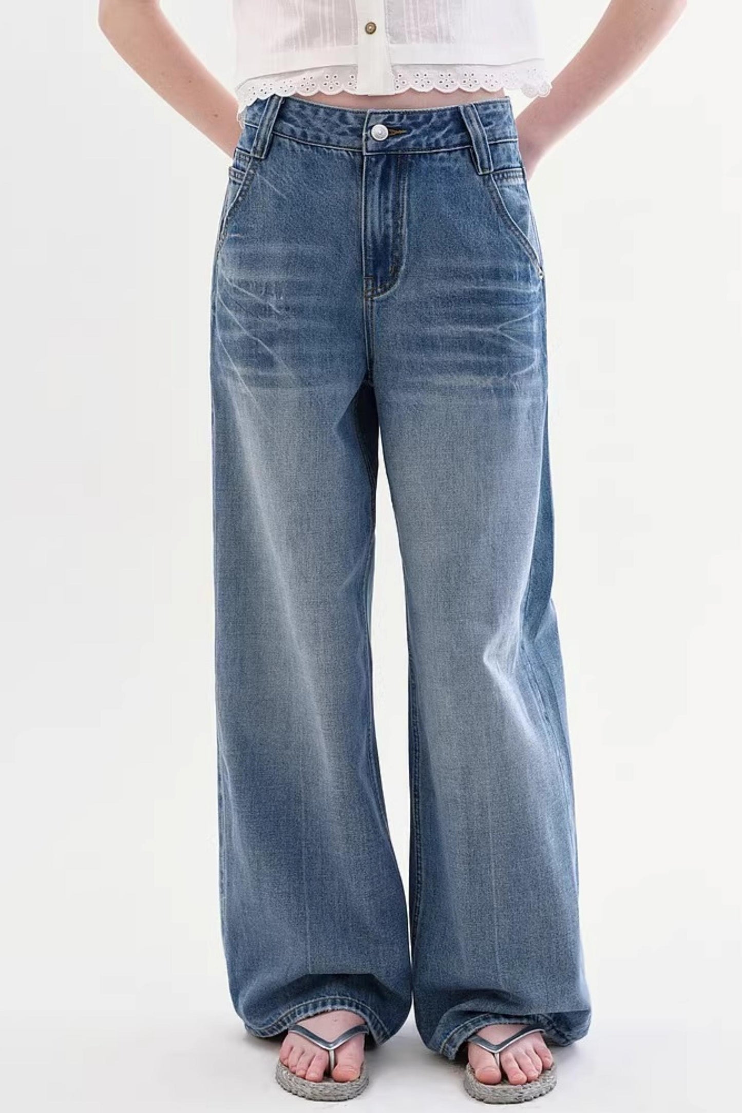 Retro Diagonal Pocket Denim Pants