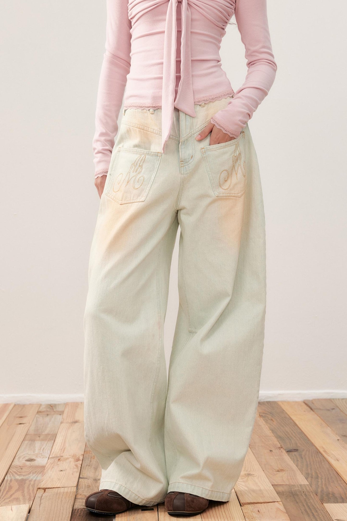 Vintage Washed Distressed Wide-Leg Jeans