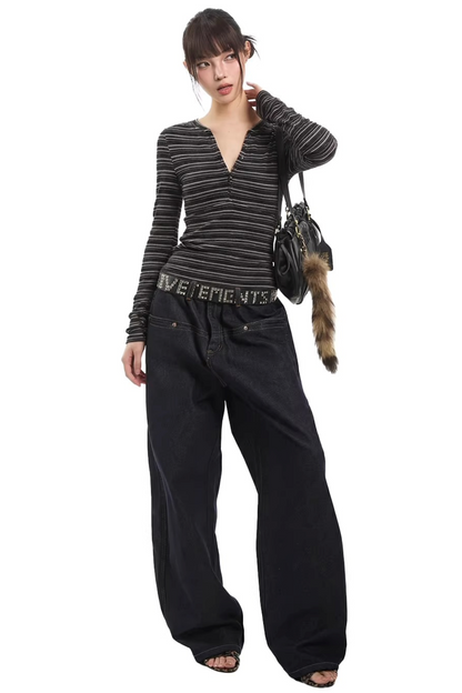 American Retro Striped V-Neck Top