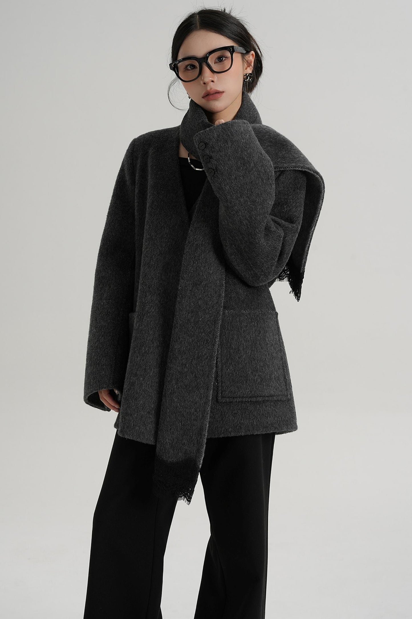 Scarf Patchwork Lace Woolen Coat