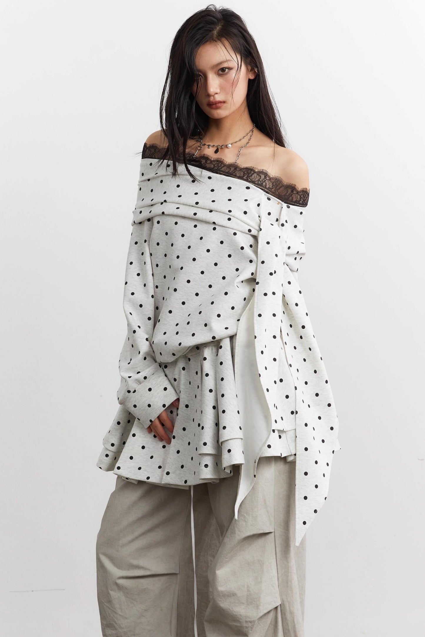 Lace-Up Polka Dot Sweatshirt Set-Up