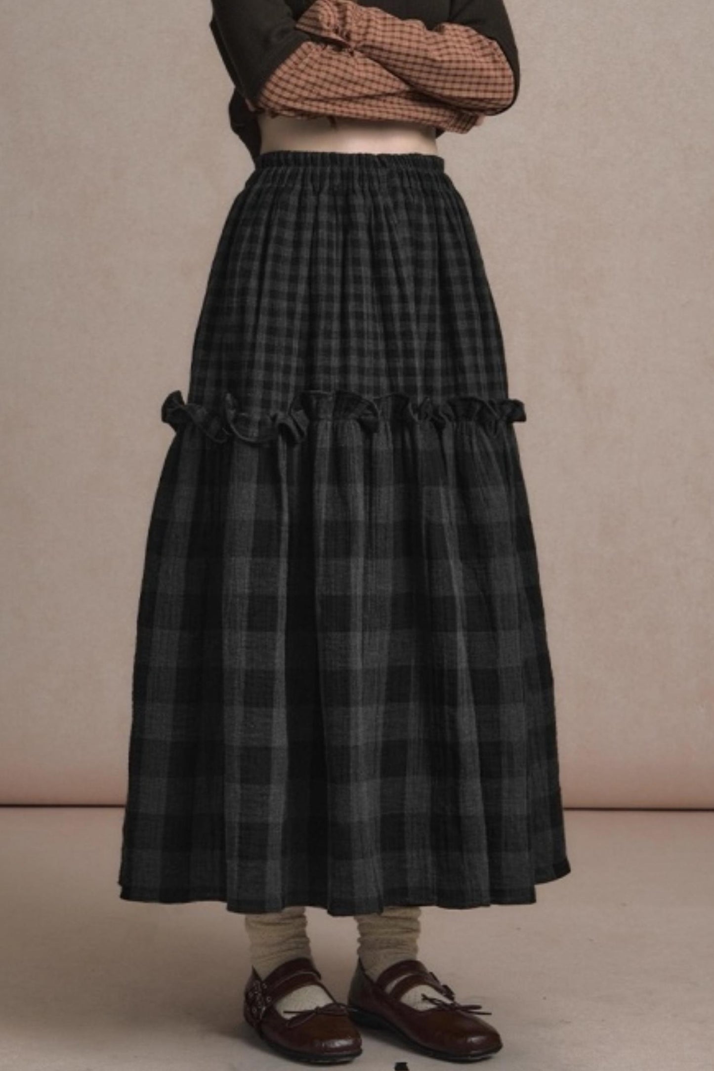 Retro Plaid High-Waisted Long Skirt