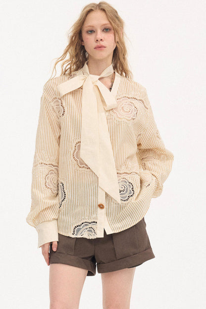 Tie-Back Bow Embroidered Shirt