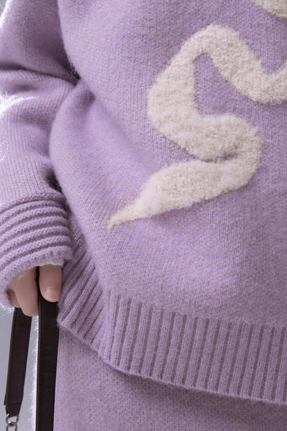 Grape Purple Bow Jacquard Sweater Set-UP