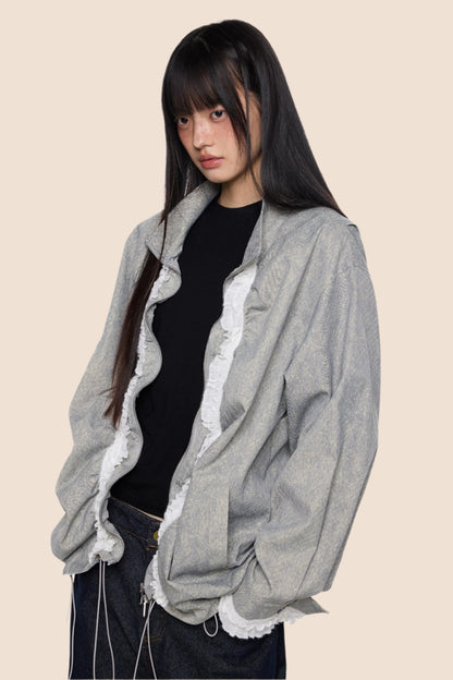Loose Fit Pleated Lace Zip Jacket