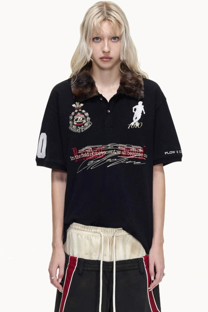 Detachable Fur Collar Retro Polo Top