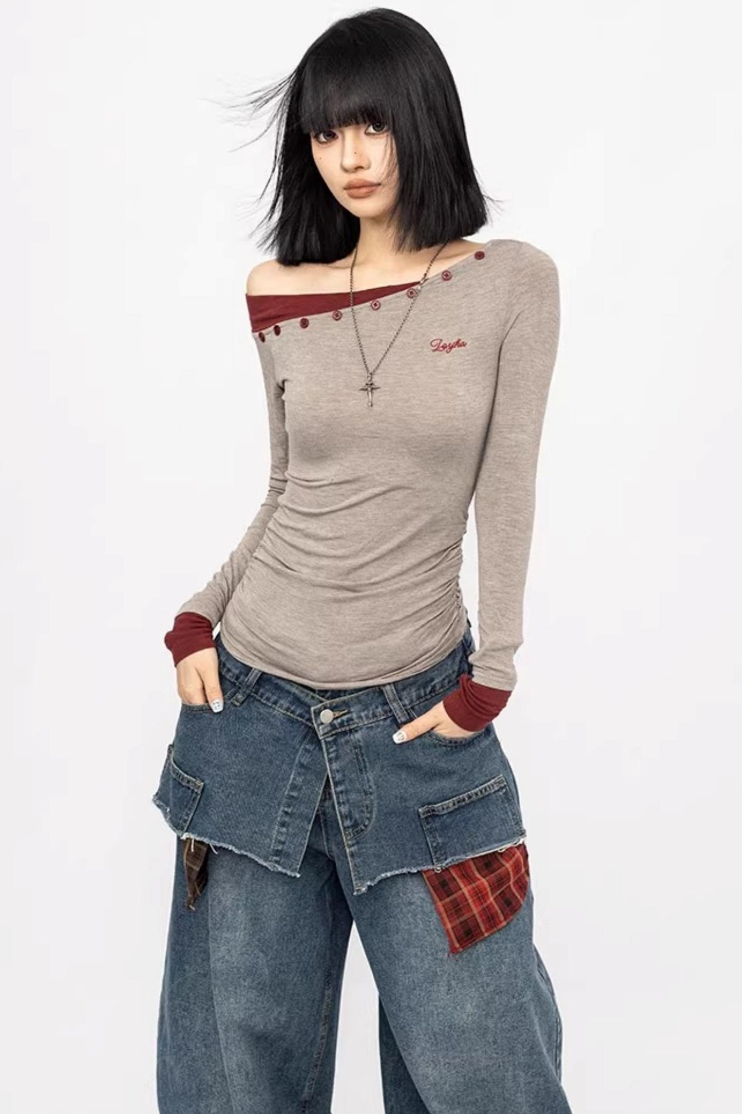 Slanted Shoulder Long Sleeve Slim Top