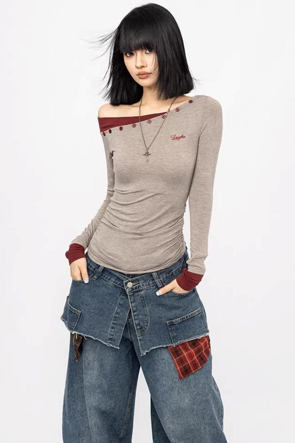 Slanted Shoulder Long Sleeve Slim Top